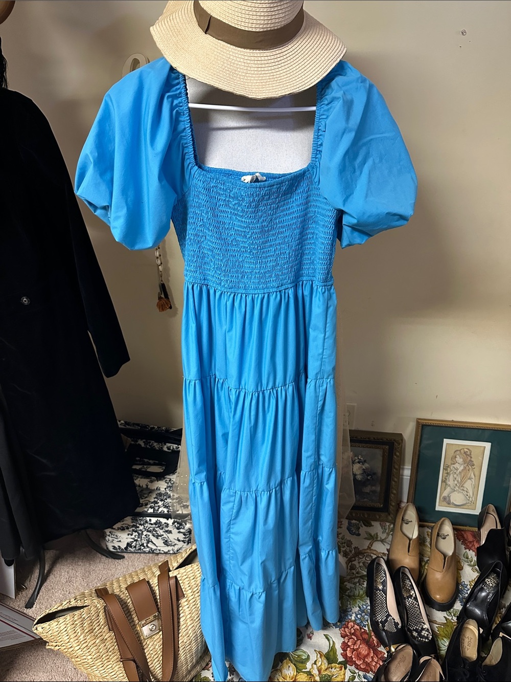 entro Bright Blue Puff-Sleeve Smocked Maxi Dress